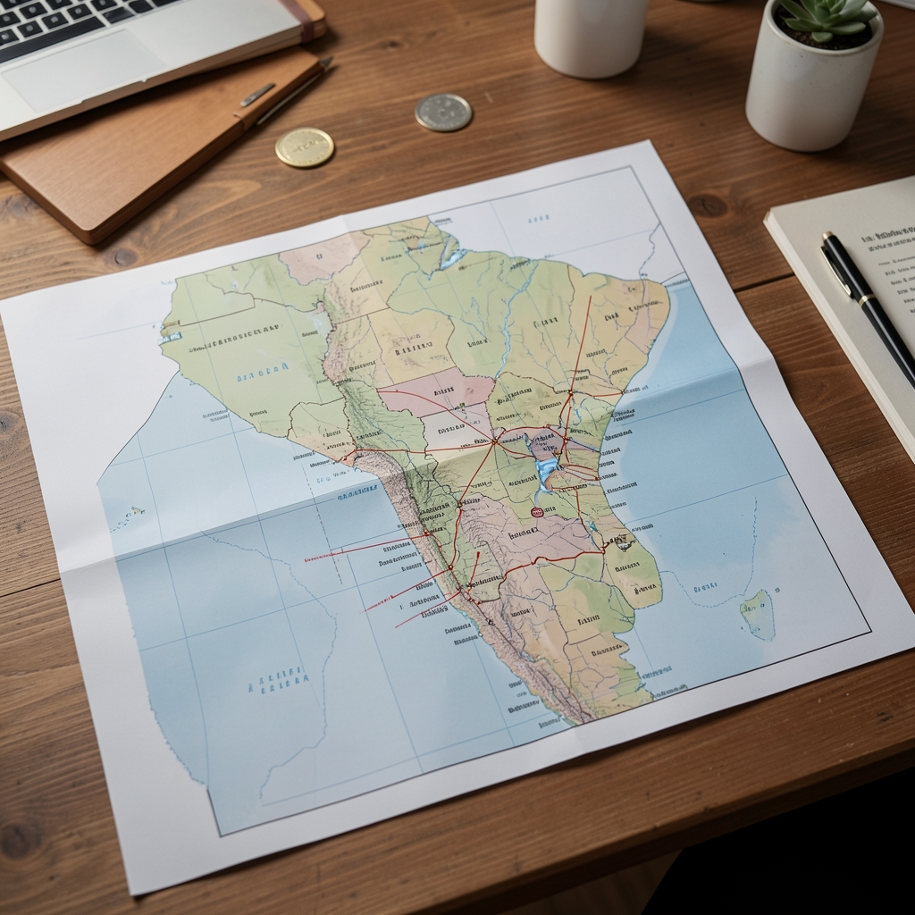 Archivo de informes energéticos y mapas de Argentina sobre escritorio de madera sin personas
